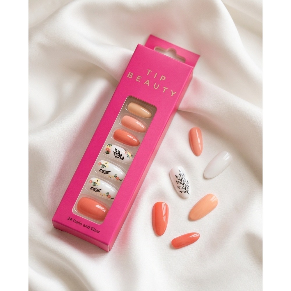 Tip Beauty Press On Nails Floral Botanical Peach Coral‎ Long Almond Shape 24 NIB